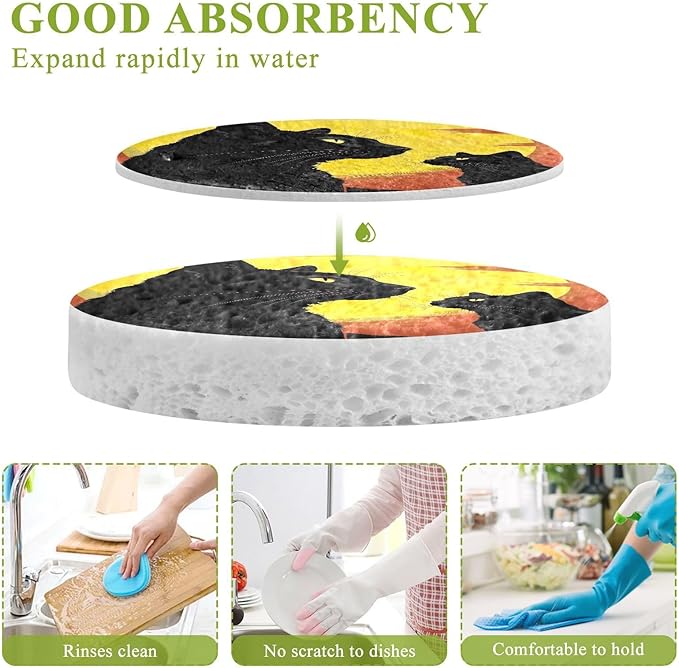 Black Cat Kitchen Scrub Sponges, Pop-up Kitchen Cleaning Sponges Reusable Dish Washing Sponges for Bathroom Household Cleaning 3 Pack - Non Scratch Scrubber