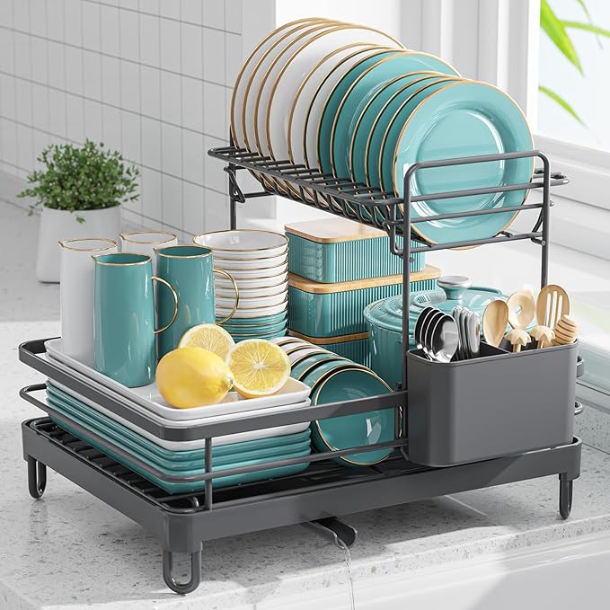 Sakugi Dish Drying Rack - X-Large Stainless Steel Dish Rack for Kitchen Counter, 2-Tier Kitchen Organizers and Storage for Dishes, Bowls, Cutlery, Gray