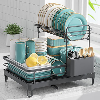 Sakugi Dish Drying Rack - X-Large Stainless Steel Dish Rack for Kitchen Counter, 2-Tier Kitchen Organizers and Storage for Dishes, Bowls, Cutlery, Gray