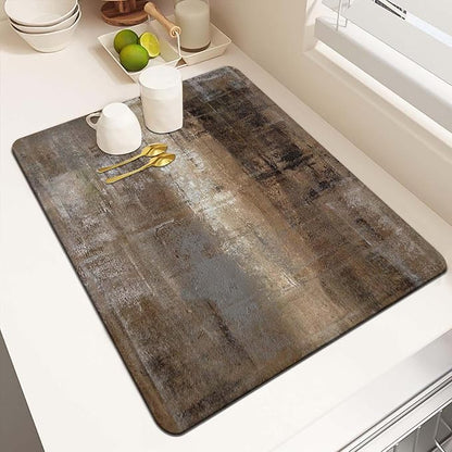 MCALK Dark Brown Dish Drying Mat for Kitchen Counter, Brown Dish Drying Pad with Anti-Slip Rubber Base, Absorbent Kitchen Sink Mat with Abstract Art Decor (1 pc 18" x 16")