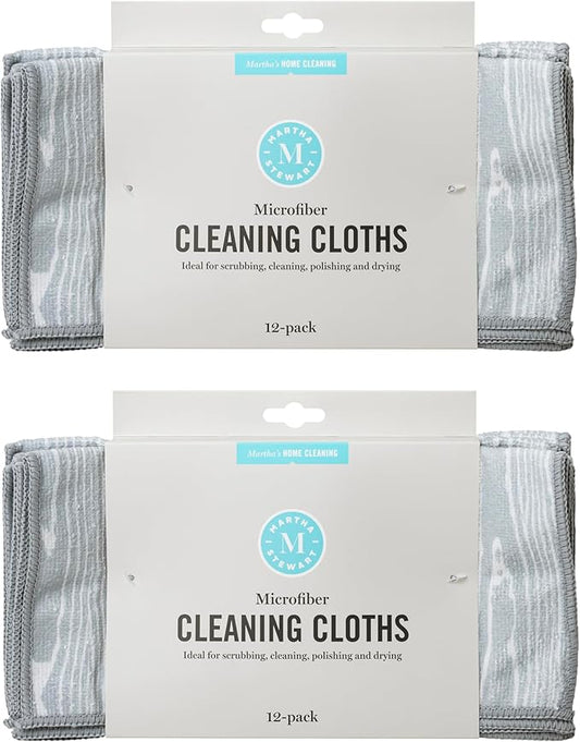 Martha Stewart Microfiber Cleaning Cloths, Ultra-Absorbent, Lint-Free Cleaning Towels for Home & Kitchen, Faux Bois Design, 11 Inches, 24 Count