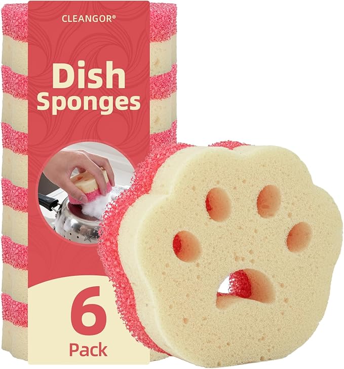 Cleangor 6pcs Scrub Sponges, Dual-Sided Temperature-Controlled Dish Sponges, Scratch-Free, Easy to Clean, Kitchen Cleaning Sponges for Tough Stains, Delicate Surfaces, Glassware, Cookware, Appliances