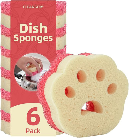 Cleangor 6pcs Scrub Sponges, Dual-Sided Temperature-Controlled Dish Sponges, Scratch-Free, Easy to Clean, Kitchen Cleaning Sponges for Tough Stains, Delicate Surfaces, Glassware, Cookware, Appliances