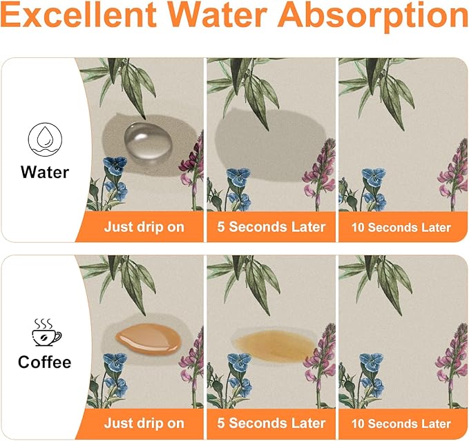 LOKHOM Dish Drying Mat for Kitchen Counter, 17"x32" Absorbent Coffee Bar Mat with Vintage Sage Flower Herbs, Dish Drainer Rack Mats for Kitchen Counter Coffee Maker Pot Dining Room Decoration