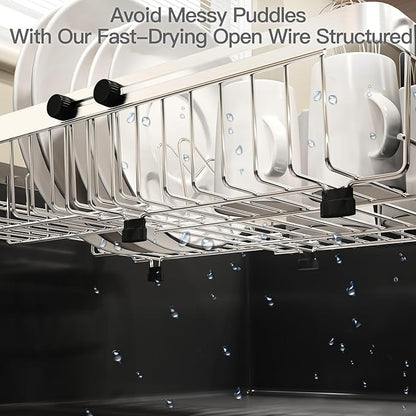 MAJALiS Expandable Stainless Steel Over The Sink Dish Drying Rack for Small Kitchen Counter Space Saving, Compact RV Plate Drainer Strainer in Silver Wire Metal with Hanging Adjustable Utensil Holder