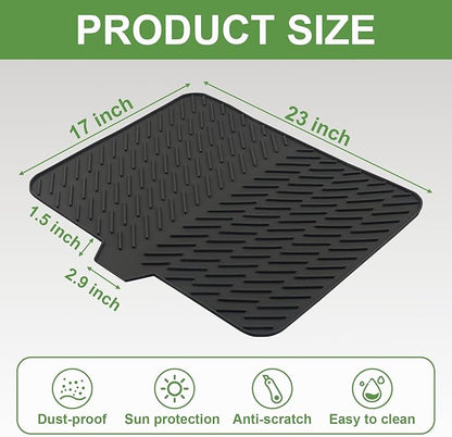 Silicone Drying Mat, 23"X17" With Built-in Drain Lip,Heat-Resistant,Eco-friendly,Hygienic Drying Pad,Leak-Proof and Non-Slip,Silicone Dish Drying Mat for Kitchen Counter or Sink（Black 23X17）