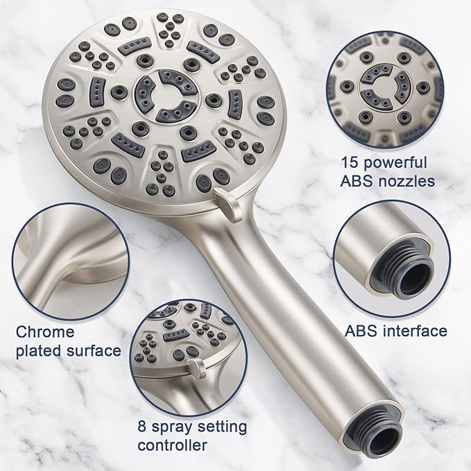 Cobbe 8-Setting Handheld Shower Head with High Pressure Shower Heads - Bathroom Showerhead Set - Detachable Showerhead with 5ft Stainless Steel Hose and Brass Swivel Bracket (Brushed Nickel)