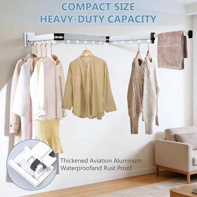 Clothes Drying Rack, Upgrade 3-Fold Wall Mounted Drying Rack Clothing, Laundry Space Saver Retractable Collapsible for Indoor Outdoor Balcony,Laundry,Bathroom, White