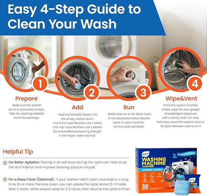Washing Machine Cleaner tablets, 30 Count - 15 Month Supply, Deep Cleaning Deodorizer for HE Front & Top Loader Laundry Washer, Cleans Inside Drum Pump Valve Hoses, Septic Safe, Lemon Secent