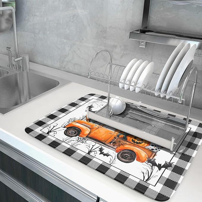 Holiday Truck Dish Drying Mat - Orange Holiday Absorbent Microfiber Dish Drying Pad for Kitchen Counter