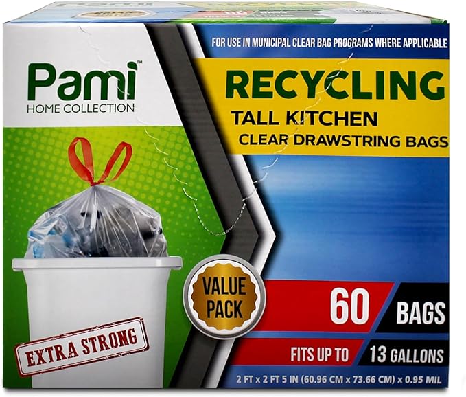 PAMI Recycling Tall Kitchen Drawstring Trash Bags- Extra-Strong Plastic Garbage Bags- Thick Trash Can Liners For Kitchen & Outdoor Bins- 2ft x2ft Unscented Trash Bags (13 Gallon – 60 Count – Clear)