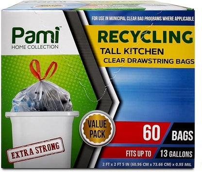 PAMI Recycling Tall Kitchen Drawstring Trash Bags- Extra-Strong Plastic Garbage Bags- Thick Trash Can Liners For Kitchen & Outdoor Bins- 2ft x2ft Unscented Trash Bags (13 Gallon – 60 Count – Clear)
