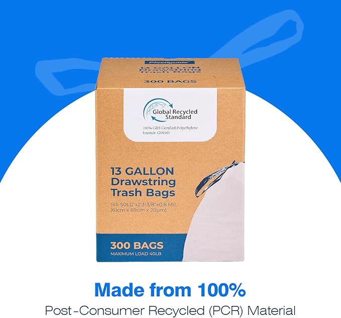 300 Count Tall Kitchen Drawstring Trash Bags, 13 Gallon, 100% Post-Consumer Recycled, Commercial Garbage Bags, GRS Compliant, Unscented, White