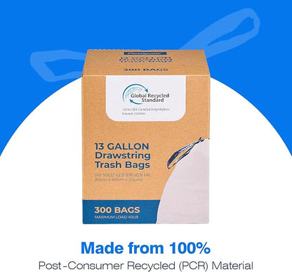 300 Count Tall Kitchen Drawstring Trash Bags, 13 Gallon, 100% Post-Consumer Recycled, Commercial Garbage Bags, GRS Compliant, Unscented, White