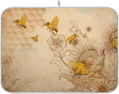 Super Absorbent Dish Drying Mat, Microfiber Fast-Drying Dish Mat, 24" x 18", Kitchen Dish Drying Pad, Sunflower Bee Retro