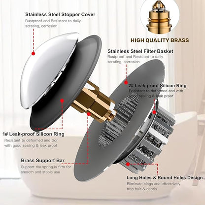 Tub Stopper, Bathtub Drain Stopper, Bathroom Sink Stopper, Pop-up Drain Stopper, Bathroom Drain Plug, Bathtub Drain Stopper, Bathtub Plug for 1-1/2 to 1-3/4" Bath Drain Hole, Easy to Install & Clean
