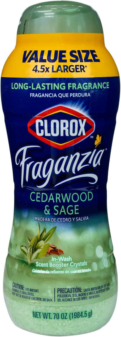 Clorox Fraganzia Laundry Scent Booster Crystals, In-Wash Fragrance Beads for Fresh-Smelling Clothes & Linens, Safe for All Fabrics & Colors, Easy-Pour Bottle, Cedarwood & Sage, 70 Oz