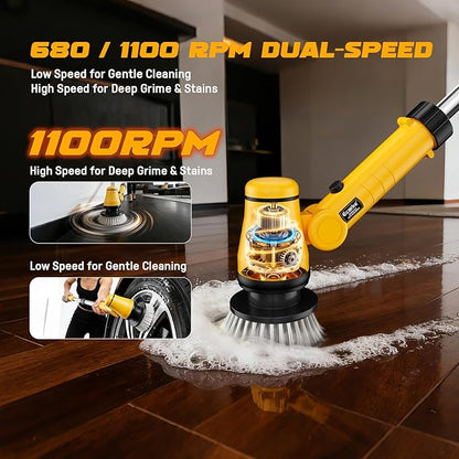 Electric Spin Scrubber Kit with 2.0Ah Battery and Charger, Ecarke 1100RPM Cordless Cleaning Brush 4-Stage Handle, 8 Cleaning Heads for Bathroom/Floor/Tub/Tile, 2 Speeds (680-1100 RPM)