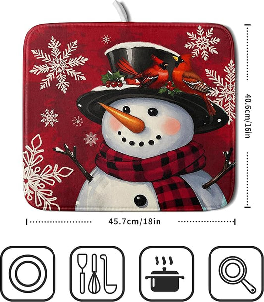 Christmas Snowman Dish Drying Mat for Kitchen Counter 16x18 Xmas Snowflake Winter Holiday Dark Red Absorbent Reversible Microfiber Drying Mats Kitchen Countertop Protector Dishes Drainer Rack Pad