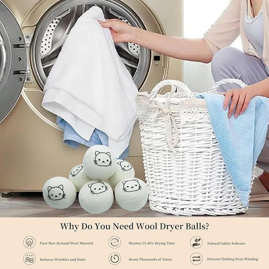 Dryer Balls Laundry Reusable, XL Wool Dryer Balls Cute Cat Face 6 Pack, Fabric Softener Ball, Extra Large Dryer Balls with Cat Pattern, Shorten Drying Time, Organic Wool - Dry 1000+ Loads