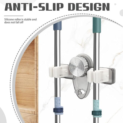 Self Adhesive Broom Holder Wall Mount, No Punching Heavy Duty Broom and Mop Organizer, Non-slip Mop Hanger with 2 Slots & 1 Hook for Bathroom Kitchen Laundry Room, Gray