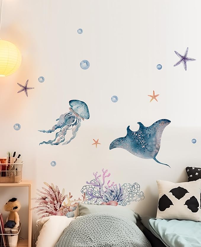 Alwayspon Jellyfish Wall Decals Vinyl Removable Wall Murals Peel and Stick Self Adhesive House Wall Sticker Decor for Bedroom Living Room Nursery