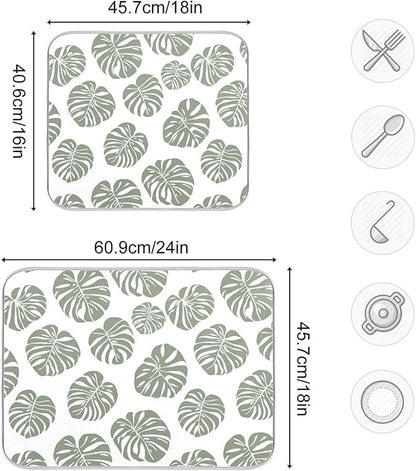 Green Palm Monstera Leaves Dish Drying Mat for Kitchen Counter Absorbent Microfiber Drying Pad, Large 18x24 in