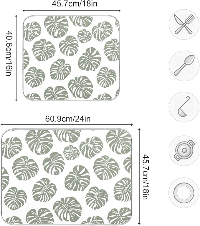 Green Palm Monstera Leaves Dish Drying Mat for Kitchen Counter Absorbent Microfiber Drying Pad, Medium 16x18 in