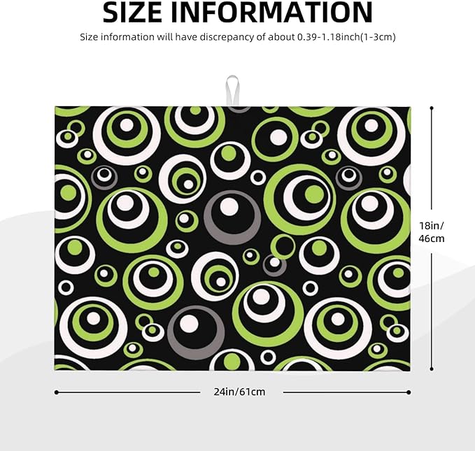 Green Black Gray Geometric Circle Dish Drying Mat for Kitchen Counter, Absorbent Microfiber Modern Drying Pad for Dish Drainer, Washable, Foldable for Kitchen Gadgets, Multi-Use, Home Decor, 18" x 24"