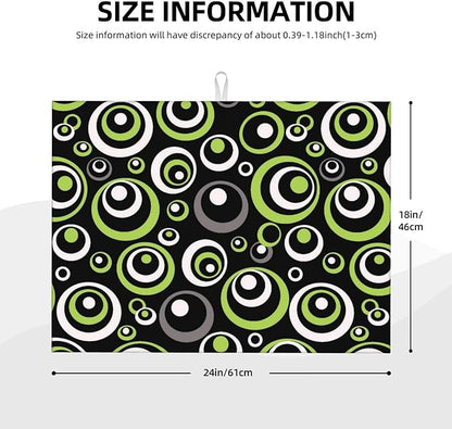 Green Black Gray Geometric Circle Dish Drying Mat for Kitchen Counter, Absorbent Microfiber Modern Drying Pad for Dish Drainer, Washable, Foldable for Kitchen Gadgets, Multi-Use, Home Decor, 18" x 24"