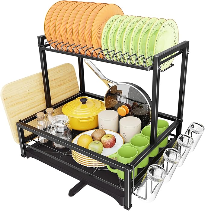 Simple Trending Dish Drying Rack, 2-Tier Dish Rack for Kitchen, Stainless Steel Dish Drainer, Black
