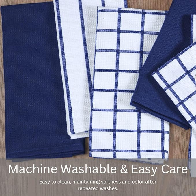 Assorted Waffle Kitchen Towels 100% Cotton Set of 6 - Heavy Duty 320 GSM Quality Dish Cloths Towel - Soft Absorbent Washable for Kitchen Use - Quick Drying Dish Towel 16x26 inch Blue
