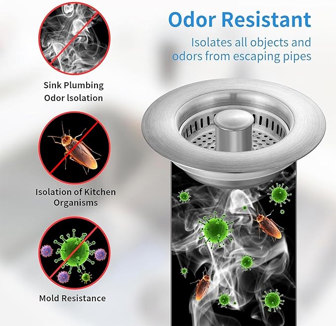 3-in-1 Kitchen Sink Drain Strainer & Sink Stopper 2 Pack : 304 Stainless Steel Sink Drain Strainer, Pop-Up Anti-Clog Design, Fits Standard 3-1/2'' Sink Drains