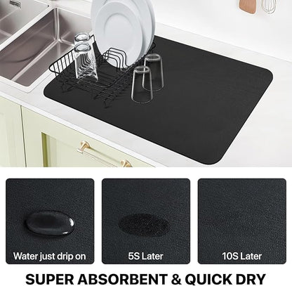 Dish Drying Mat Super Absorbent Dish Drying Mat Coffee Bar Accessories,Drying Mats for Kitchen Counter, Fit Under Coffee Maker, Pot, Dish Rack,16"x24", Black