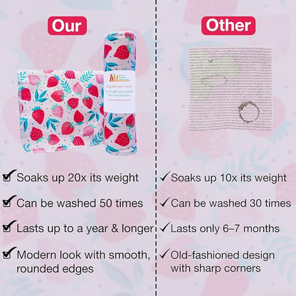 Pack of 10 Reusable Paper Towels | 10x10 Inch Cotton Towels | Kitchen Utensils Print | Eco Friendly, Washable, Quick Drying | Sustainable Cleaning Cloths | Strawberries