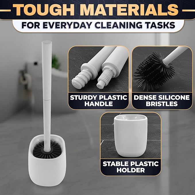 Toilet Brush and Holder Set - Silicone Toilet Bowl Brush with White Holder Base, Compact Bath Accessory for Small Spaces - Easy to Place and Simple to Store After Use, Plastic Bathroom Cleaning Tool