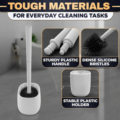 Toilet Brush and Holder Set - Silicone Toilet Bowl Brush with White Holder Base, Compact Bath Accessory for Small Spaces - Easy to Place and Simple to Store After Use, Plastic Bathroom Cleaning Tool