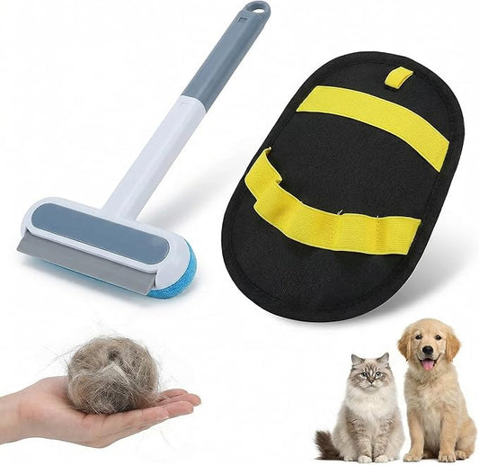 Pet Hair Remover Set, 3-in-1 Pet Hair Remover Brush with Built-in Detail Brush & Long Handle, Magic Pet Hair Removal Glove, Multi-Surface Pet Hair Remover for Home & Car & Furniture