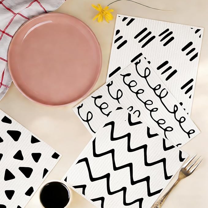 6 Pack Swedish Dishcloths for Kitchen, Black White Geometric Reusable Dish Cloths, Washable Absorbent No Odor Eco Cleaning Towels, Paper Towel Replacements, Kitchen Gifts for Women