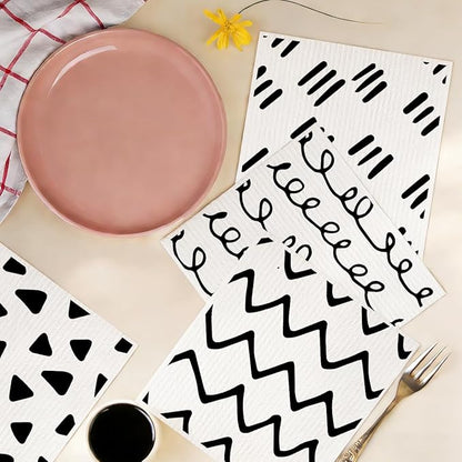 6 Pack Swedish Dishcloths for Kitchen, Black White Geometric Reusable Dish Cloths, Washable Absorbent No Odor Eco Cleaning Towels, Paper Towel Replacements, Kitchen Gifts for Women