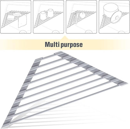 Tomorotec Triangle Roll-Up Dish Drying Rack - Small Foldable Silicone Coated for Sink Corner, Stainless Steel Over Sink Organizer, Drainer Caddy for Multipurpose Kitchen Storage (Gray)