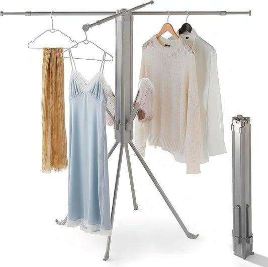 cjc Foldable Clothes Drying Rack, Drying Rack Clothing,Collapsible Drying Racks for Laundry Used for Indoor, Outdoor, 4 Retractable Drying Rods + 4 Shoe Racks/Grey