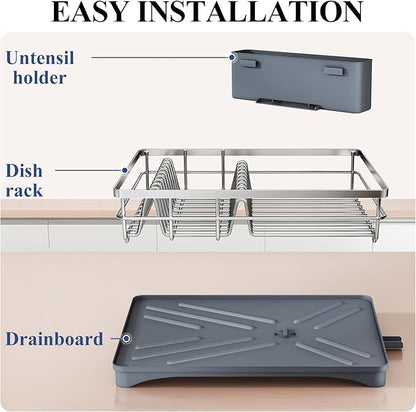SNTD Dish Drying Rack for Kitchen Counter - Stainless Steel Dish Rack with Drainboard, Large Dish Drainer with Utensil Holder for Sink, Silver