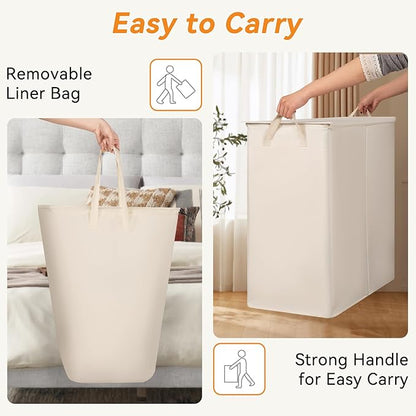 Chrislley 140L Laundry Hamper 2 Section, Double Laundry Basket with Lid, Large Dirty Clothes Hamper with Removable Liner Bags, Collapsible Laundry Organizer for Bedroom, Dorm,Beige