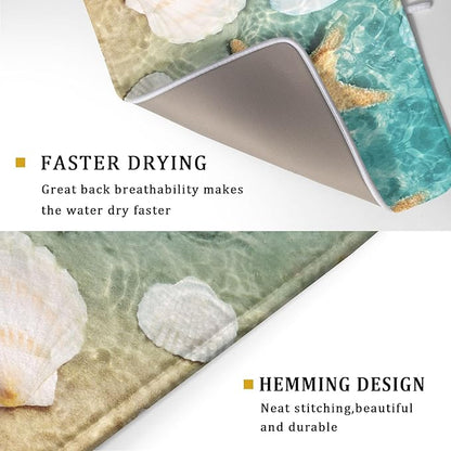 Summer Beach Style Dish Drying Mat for Kitchen Counter,Starfish and Seashell Drying Mat 18 x 24 Inch with High Absorbent Reversible Microfiber Dish Drying Pad Drainer Mat for Coffee Bar