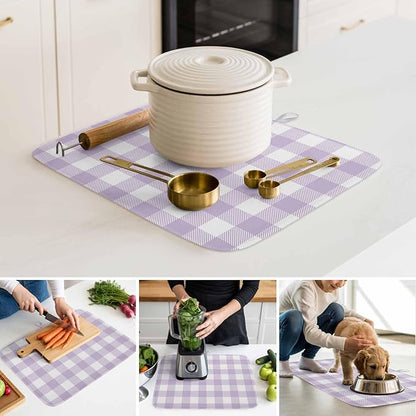 Dish Drying Mat Lavender Buffalo Check Plaid Drying Mats for Kitchen Counter Farmhouse Style Absorbent Microfiber Dish Drainer Quick Drying Coffee Mat with Hanging Loop, 16 x18 inch