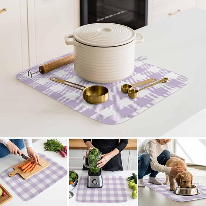 Dish Drying Mat Lavender Buffalo Check Plaid Drying Mats for Kitchen Counter Farmhouse Style Absorbent Microfiber Dish Drainer Quick Drying Coffee Mat with Hanging Loop, 18 x24 inch