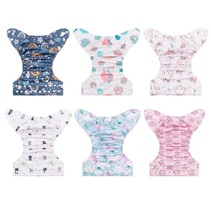 babygoal Reusable Cloth Diapers 6 Pack+6pcs Rayon from Bamboo Inserts+Wet Bag, One Size Adjustable Washable Pocket Nappy Covers for Baby Girls and Boys 6FG38