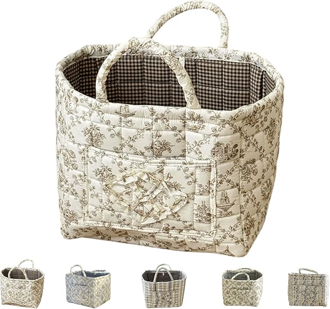 Quilted Laundry Basket with Handles,Boho Quilted Floral Storage Basket with Handles & Pocket,Foldable Cotton Fabric Organizer Tote for Car, Nursery, Laundry, Toys, Picnic, Closet (Brown flowers)