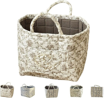 Quilted Laundry Basket with Handles,Boho Quilted Floral Storage Basket with Handles & Pocket,Foldable Cotton Fabric Organizer Tote for Car, Nursery, Laundry, Toys, Picnic, Closet (Brown flowers)